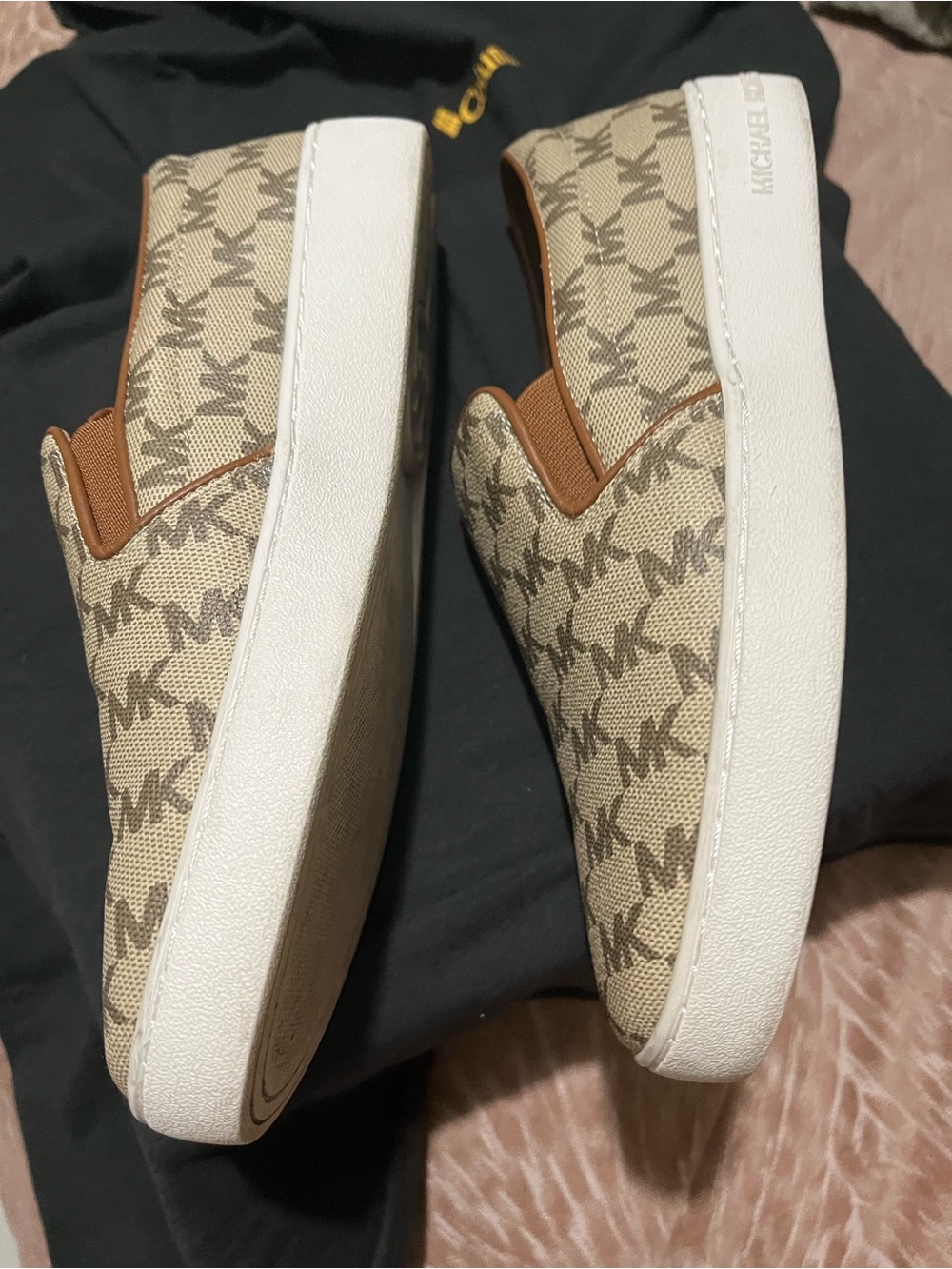 Michael Kors Beige Logo-Print Slip-On Sneakers with White Sole